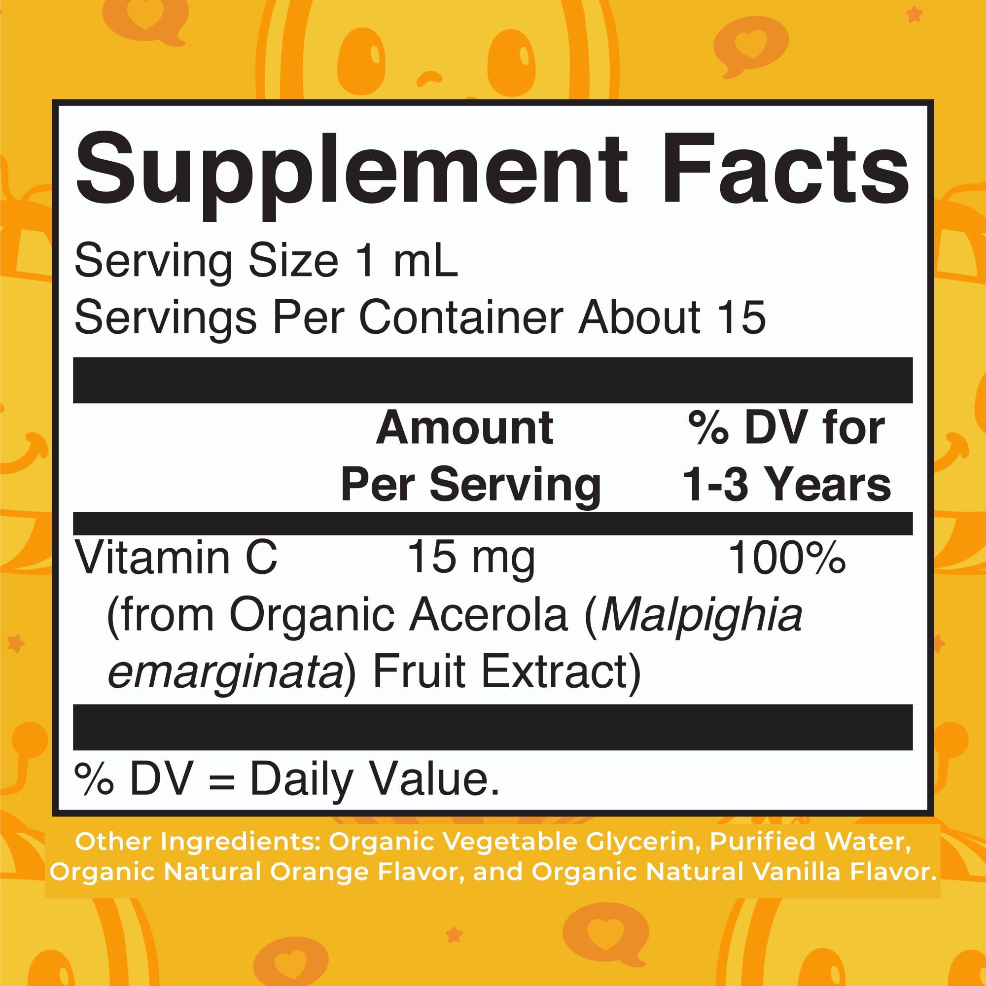 Ingredient list including organic non-GMO vegan glycerin and purified water