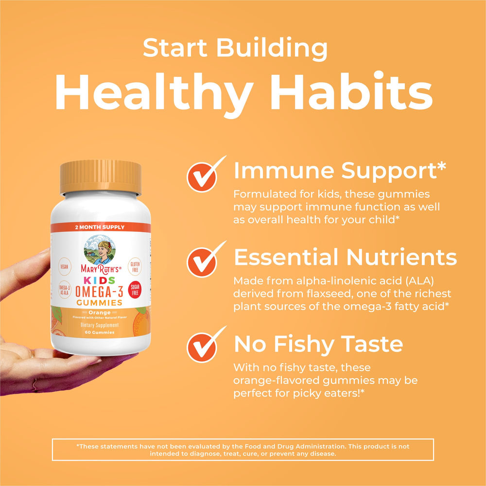 MaryRuth Organics Kids Omega-3 Gummies label highlights flaxseed-derived ALA content.