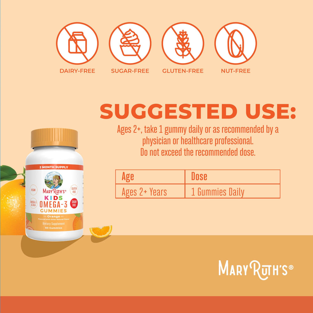 MaryRuth Organics Kids Omega-3 Gummies close-up, orange flavor appealing to picky eaters.