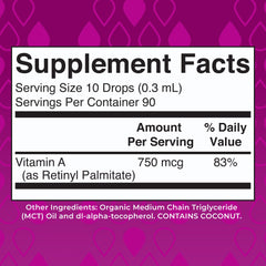 Close-up of bottle label showing Vitamin A
