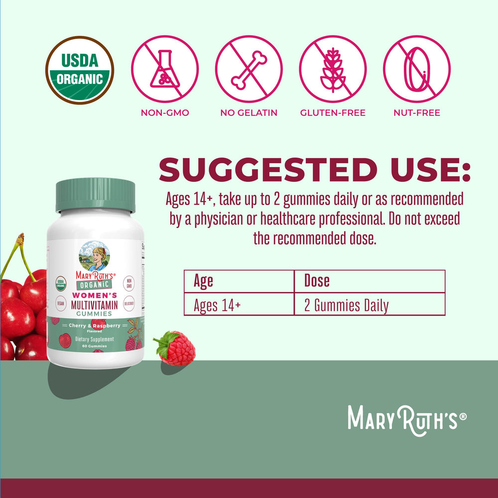 Nutrition label showing D3, C, A, and B vitamins in MaryRuth Organics multivitamin