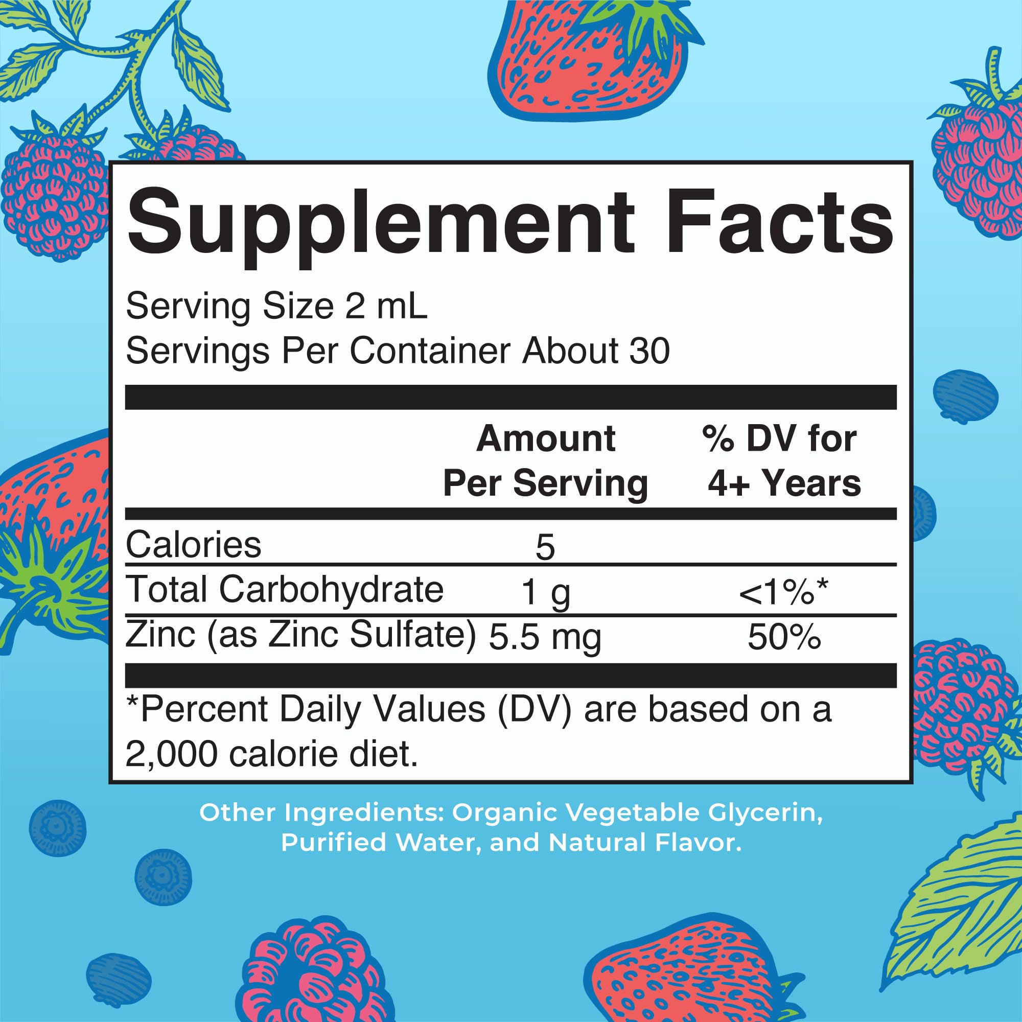 Zinc Sulfate for Kids label and nutritional information, 2 fl oz