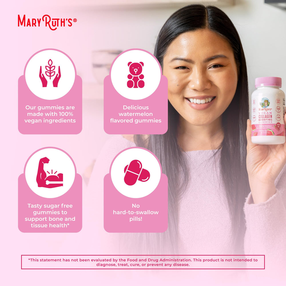 Gummies packaging and bottle of MaryRuth vegan collagen