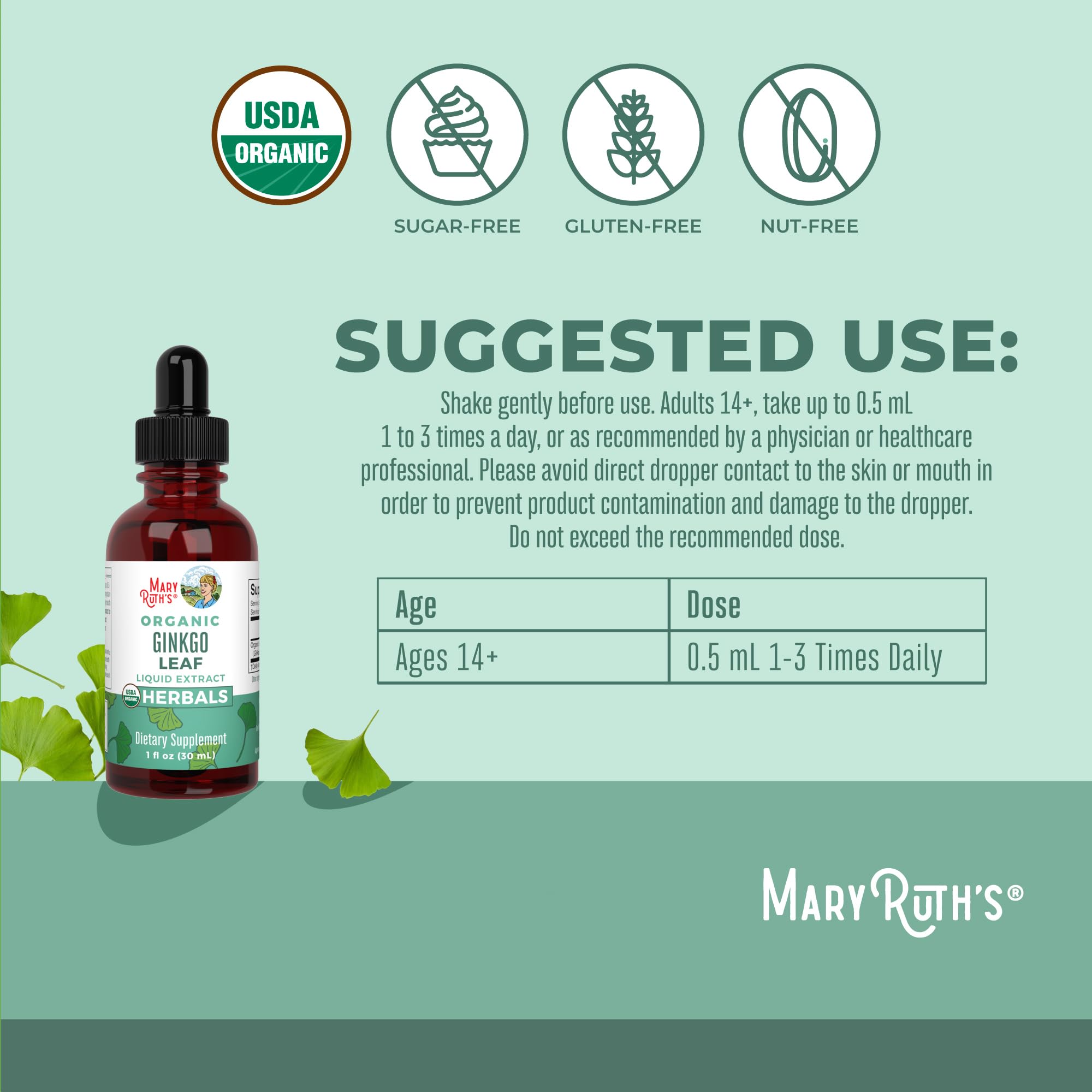 Front view of MaryRuth Organics Ginkgo Leaf Liquid Drops bottle