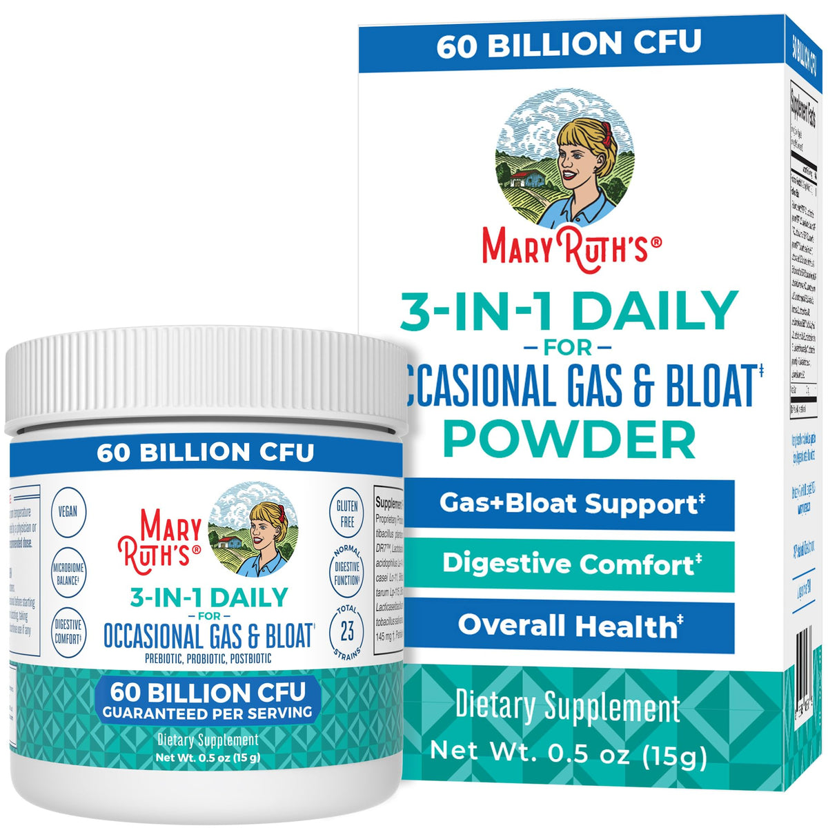 MaryRuth’s 3-in-1 Gas & Bloat Probiotic Powder packaging (0.5 oz)