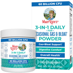 MaryRuth’s 3-in-1 Gas & Bloat Probiotic Powder packaging (0.5 oz)