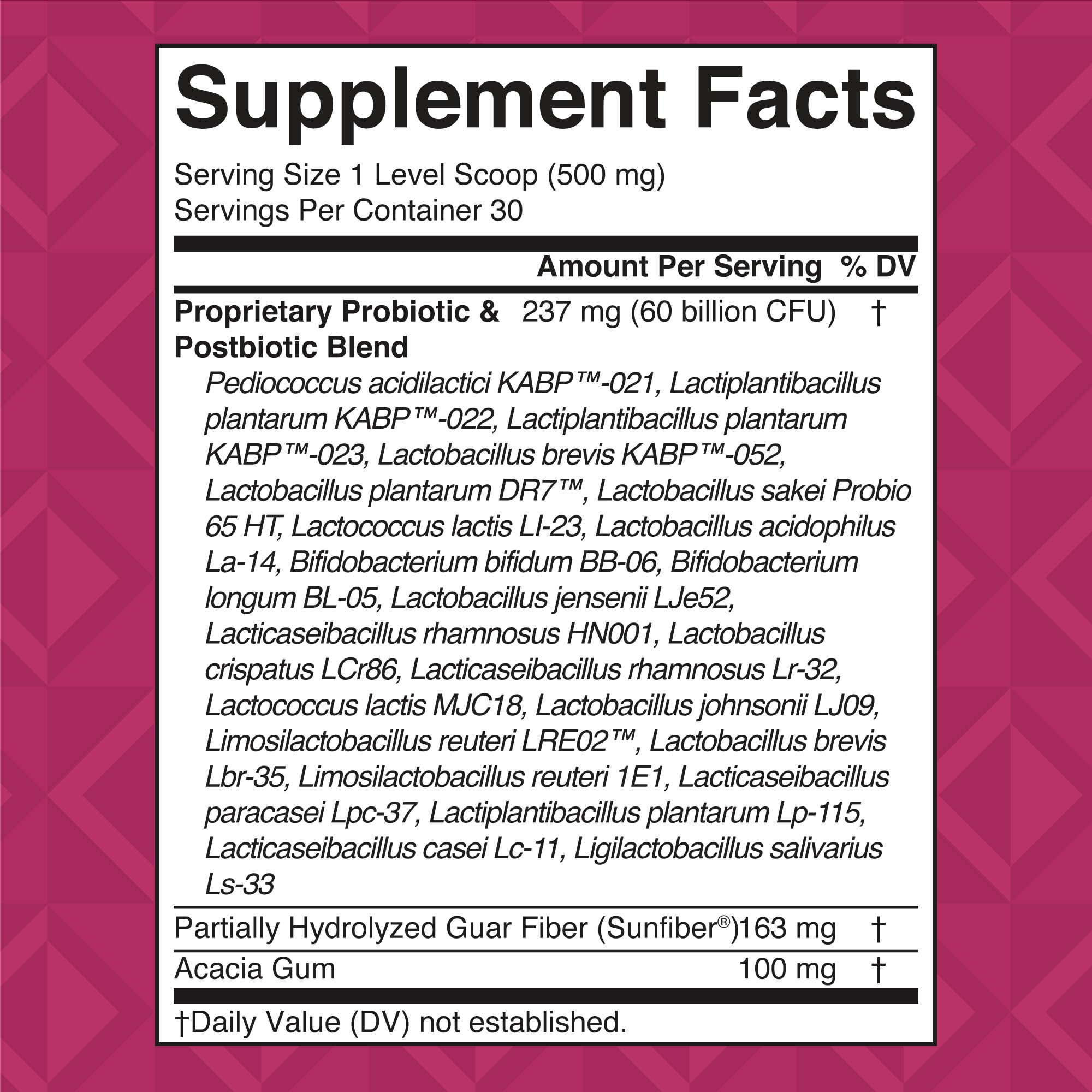 Nutritional information and probiotic blend