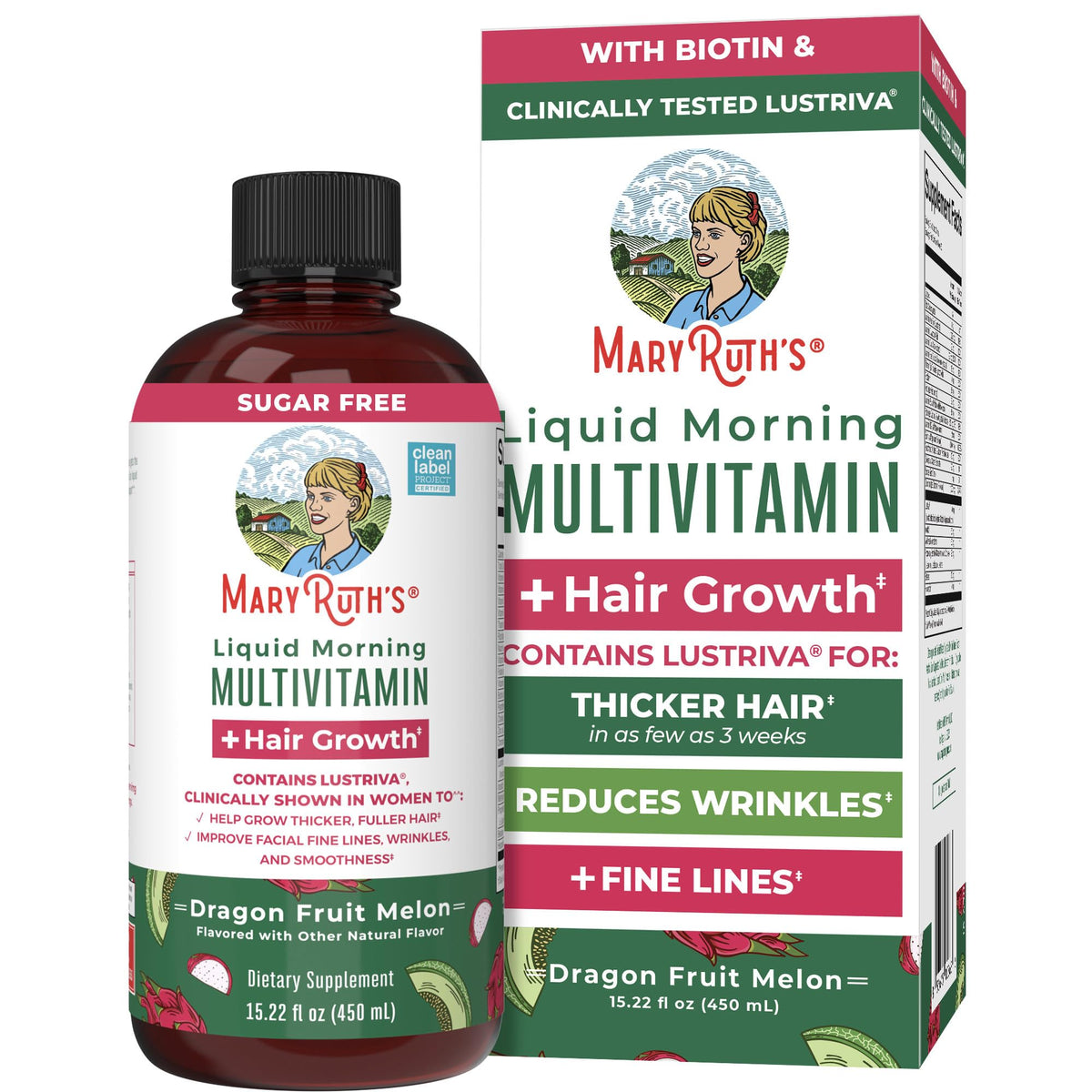 Front view of MaryRuth's Liquid Multivitamin + Hair Growth bottle