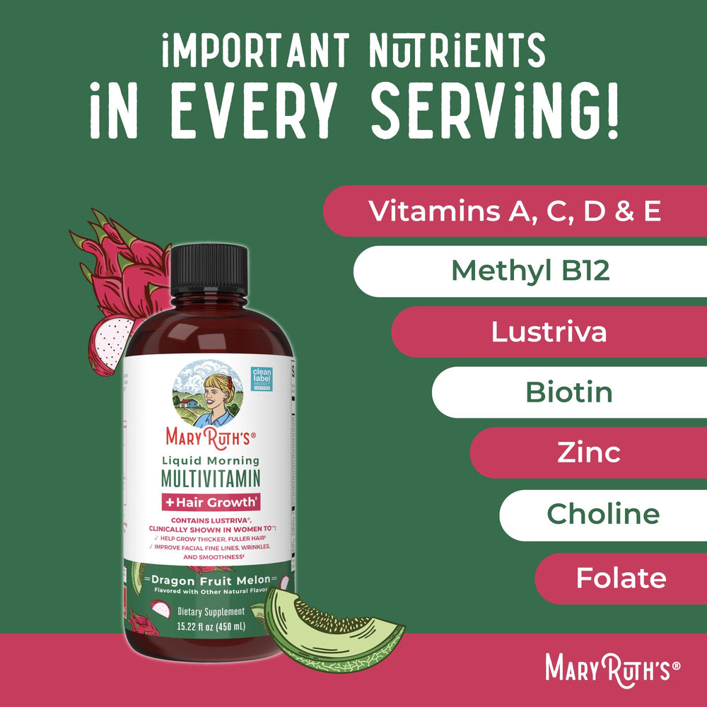 Dragon Fruit Melon flavor of MaryRuth's Liquid Multivitamin + Hair Growth