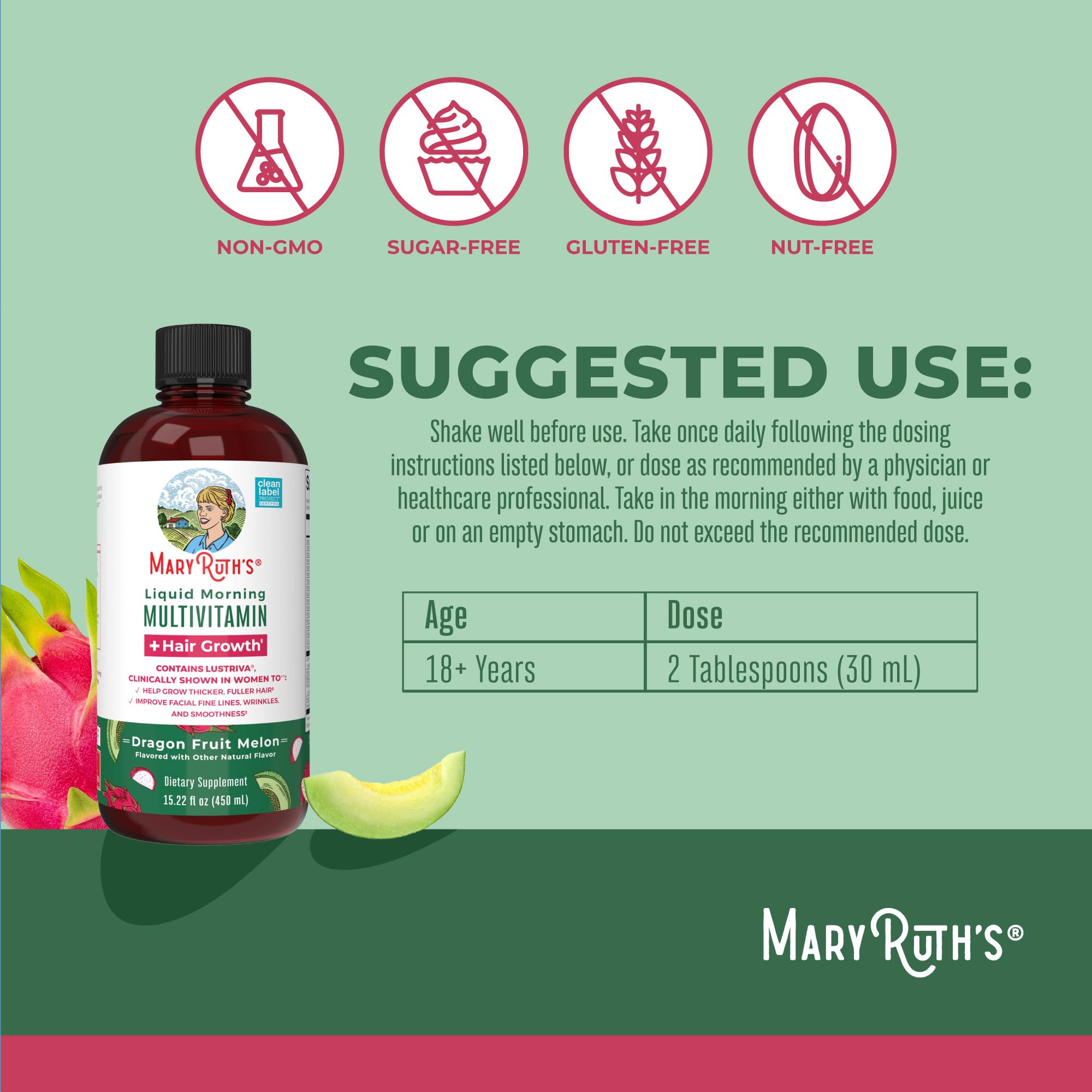 Nutrition facts panel for MaryRuth's Liquid Multivitamin + Hair Growth