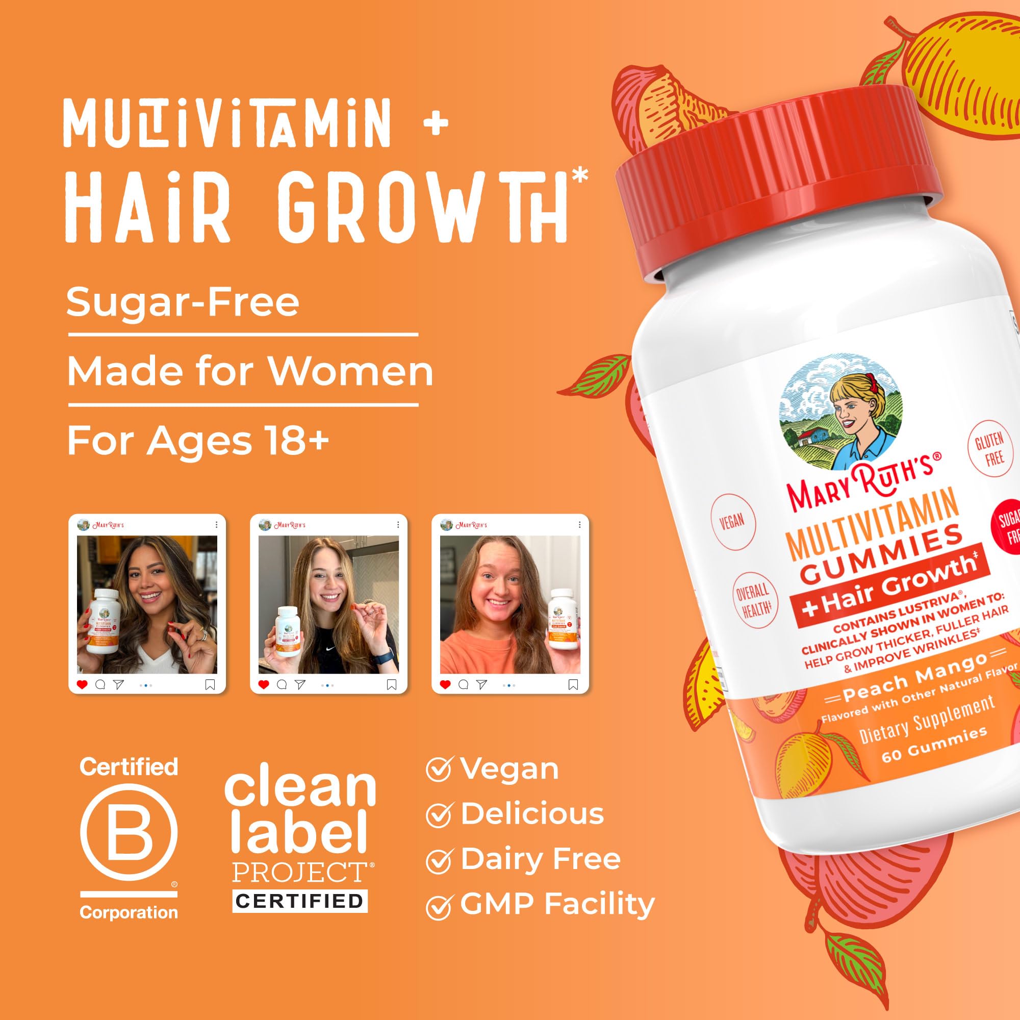 MaryRuth's Hair Growth Gummies bottle with Lustriva branding