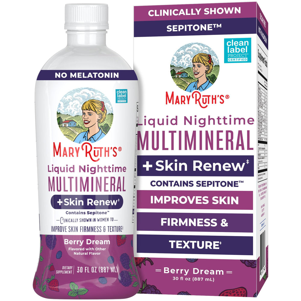 Bottle and label of MaryRuth's Liquid Nighttime Multimineral + Skin Renew