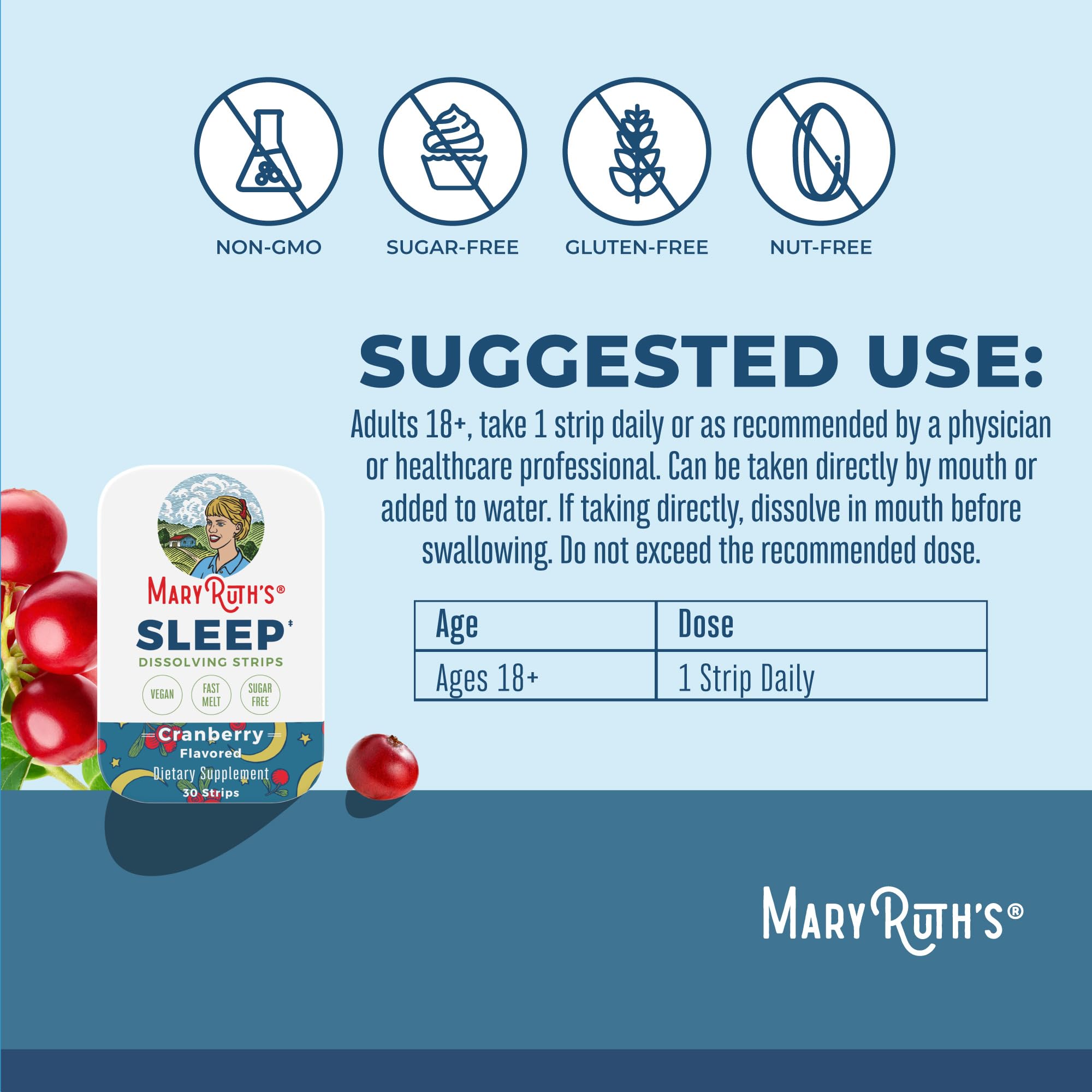 Close-up of cranberry sleep dissolving strip on tongue
