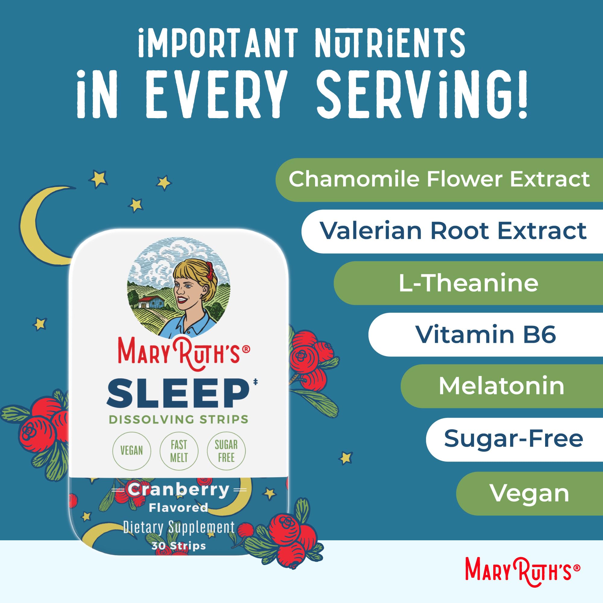 Vegan, gluten-free, dairy-free icons for MaryRuth's Sleep Dissolving Strips