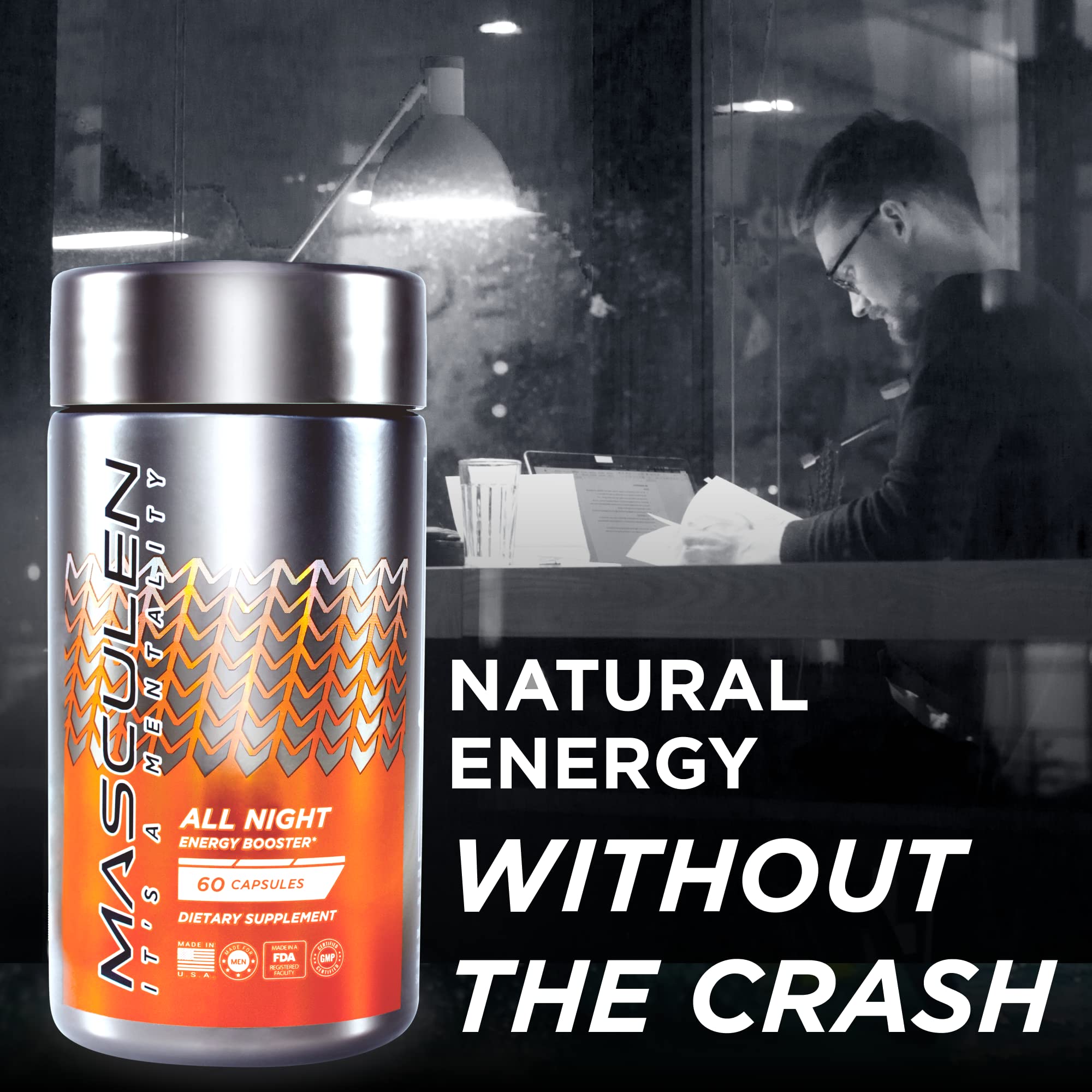 Person taking Masculen All Night energy supplement