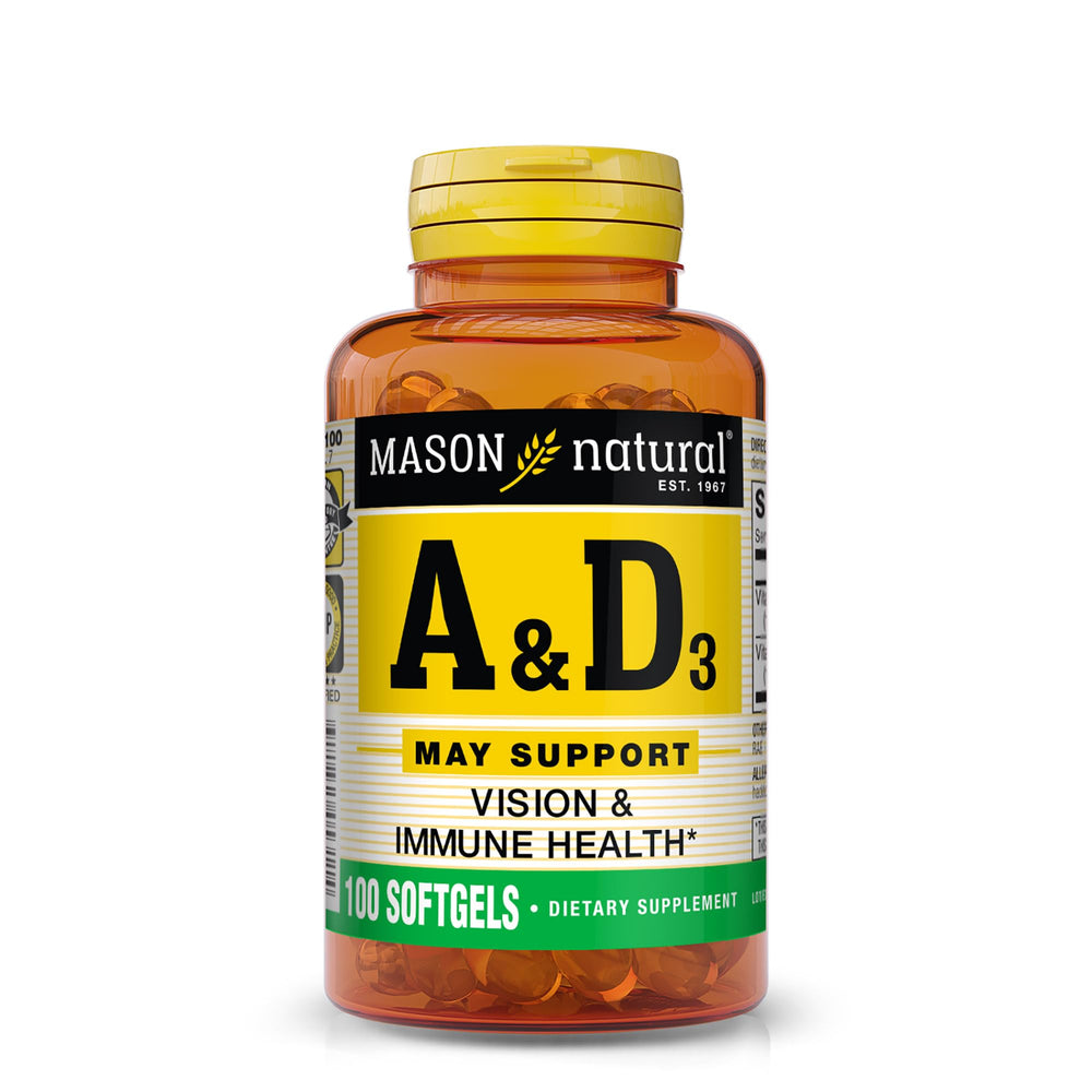 Bottle of Mason Natural A-5000 IU with D-400 IU softgels (fish liver oil)