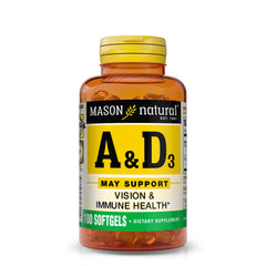 Bottle of Mason Natural A-5000 IU with D-400 IU softgels (fish liver oil)