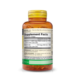 Close-up view of Mason Natural A-5000 IU with D-400 IU softgels in bottle
