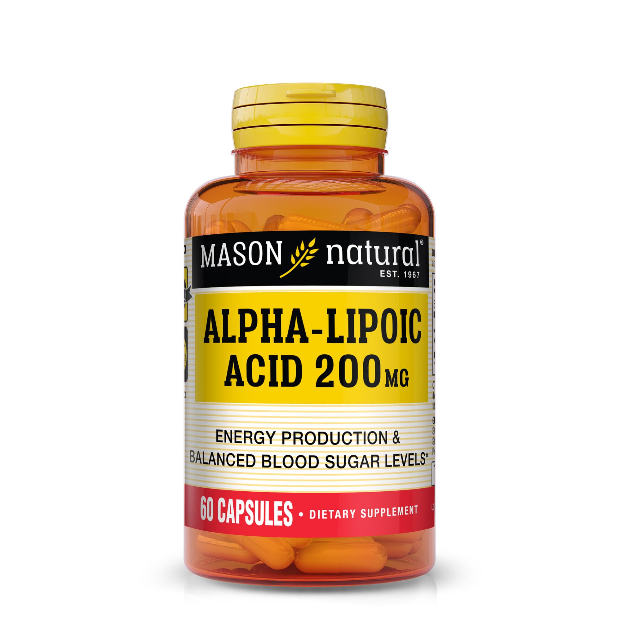 Mason Natural Alpha Lipoic Acid 200 mg bottle displayed on counter for daily energy support.