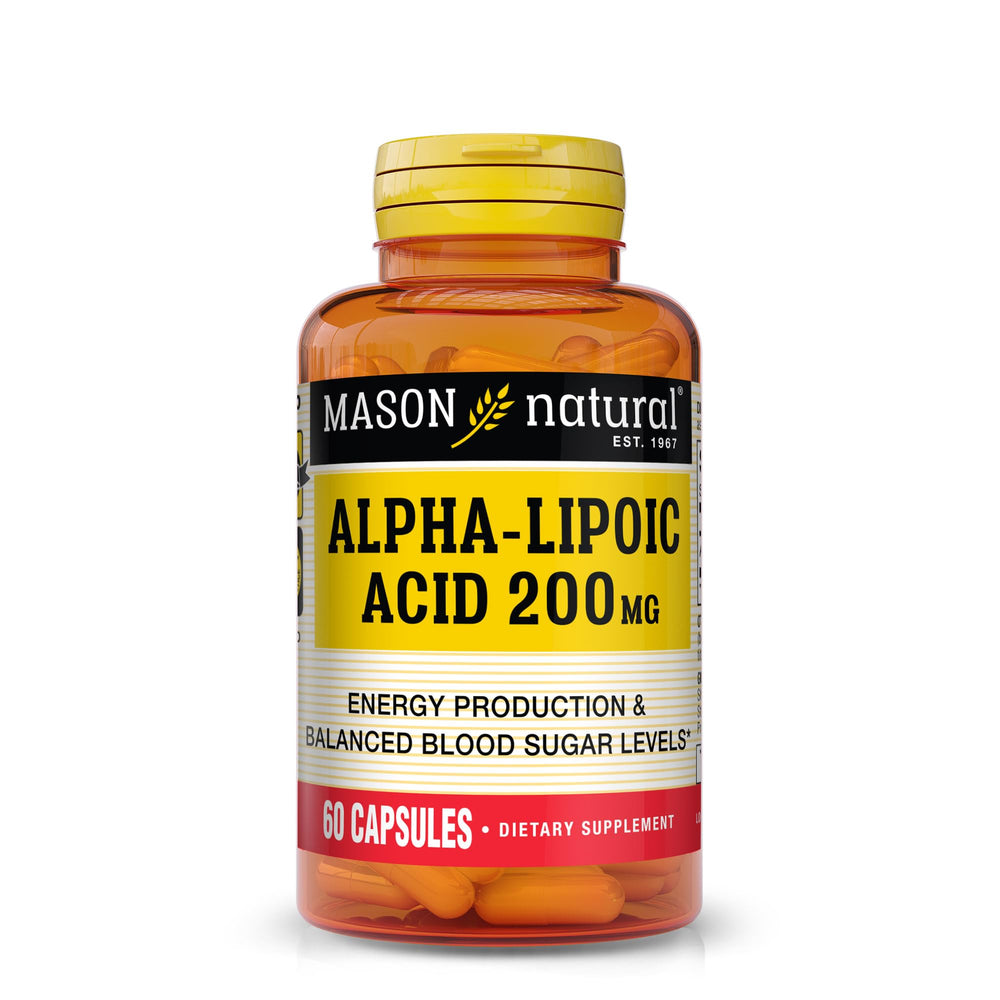 Mason Natural Alpha Lipoic Acid 200 mg bottle displayed on counter for daily energy support.
