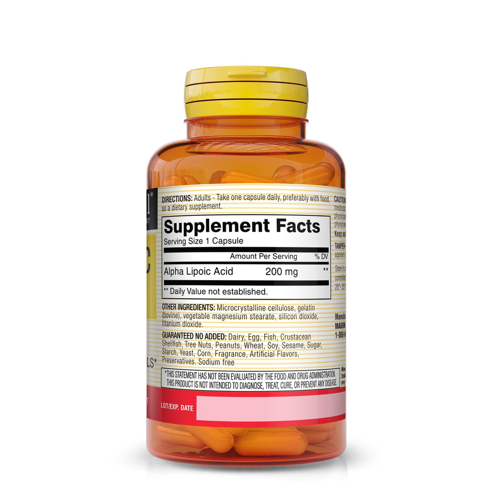 Mason Natural Alpha Lipoic Acid capsules close-up, highlighting easy-to-swallow daily metabolic support.