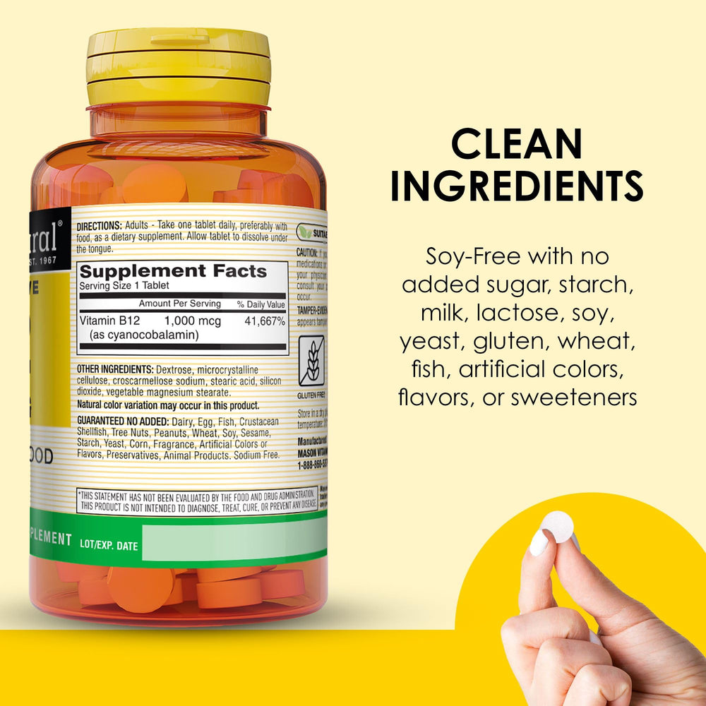 Nutrition facts label for Mason Natural B12 1000 mcg tablets