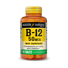 Front view of Mason Natural Vitamin B12 50 mcg with calcium 100 tablets pack