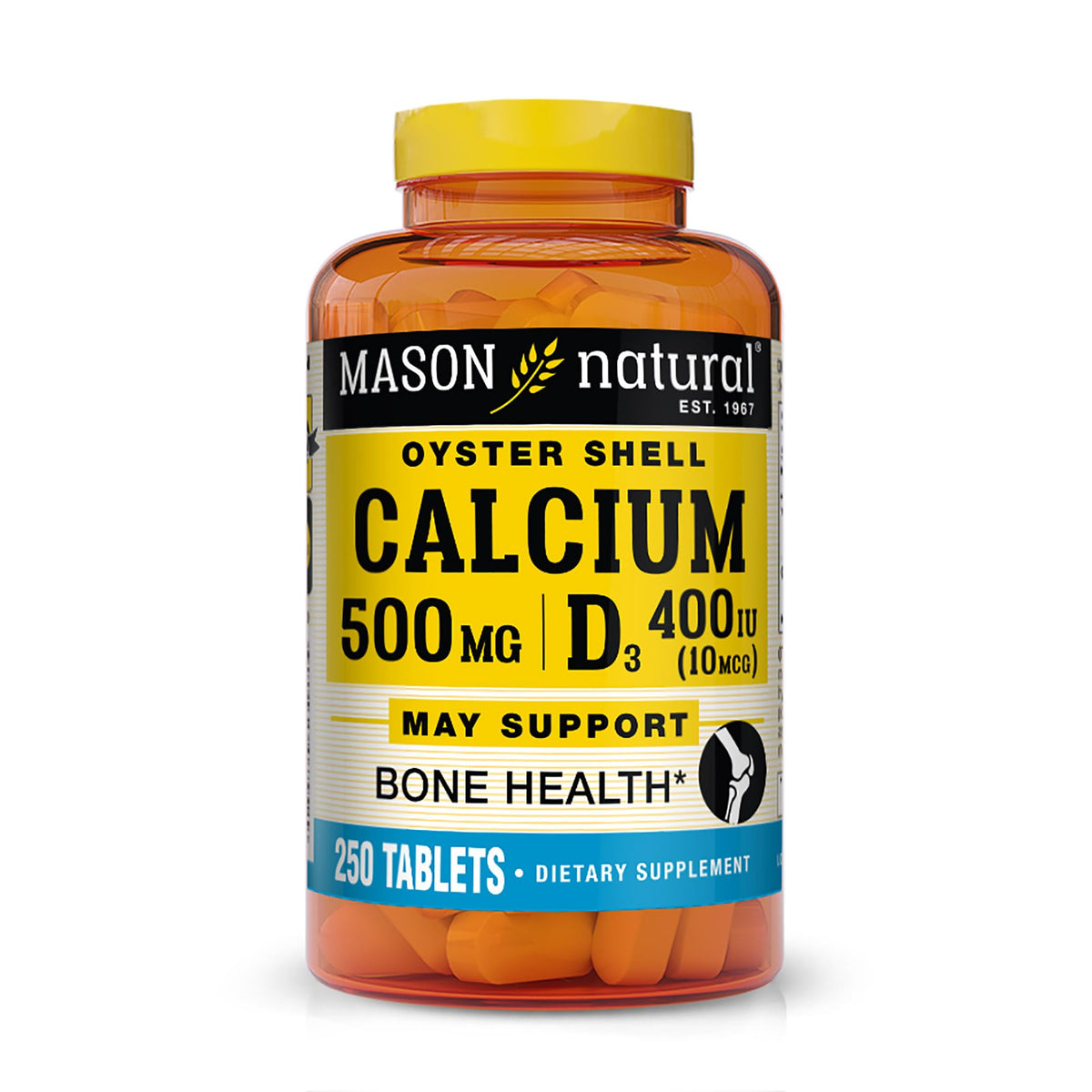 Bottle of Mason Natural Calcium 500 mg Oyster Shell with Vitamin D3, 250 tablets