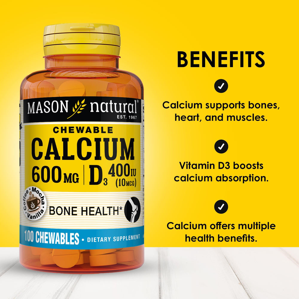 Close-up of Mason Natural Calcium 600 mg + Vitamin D3 chewables in Coffee Mocha flavor