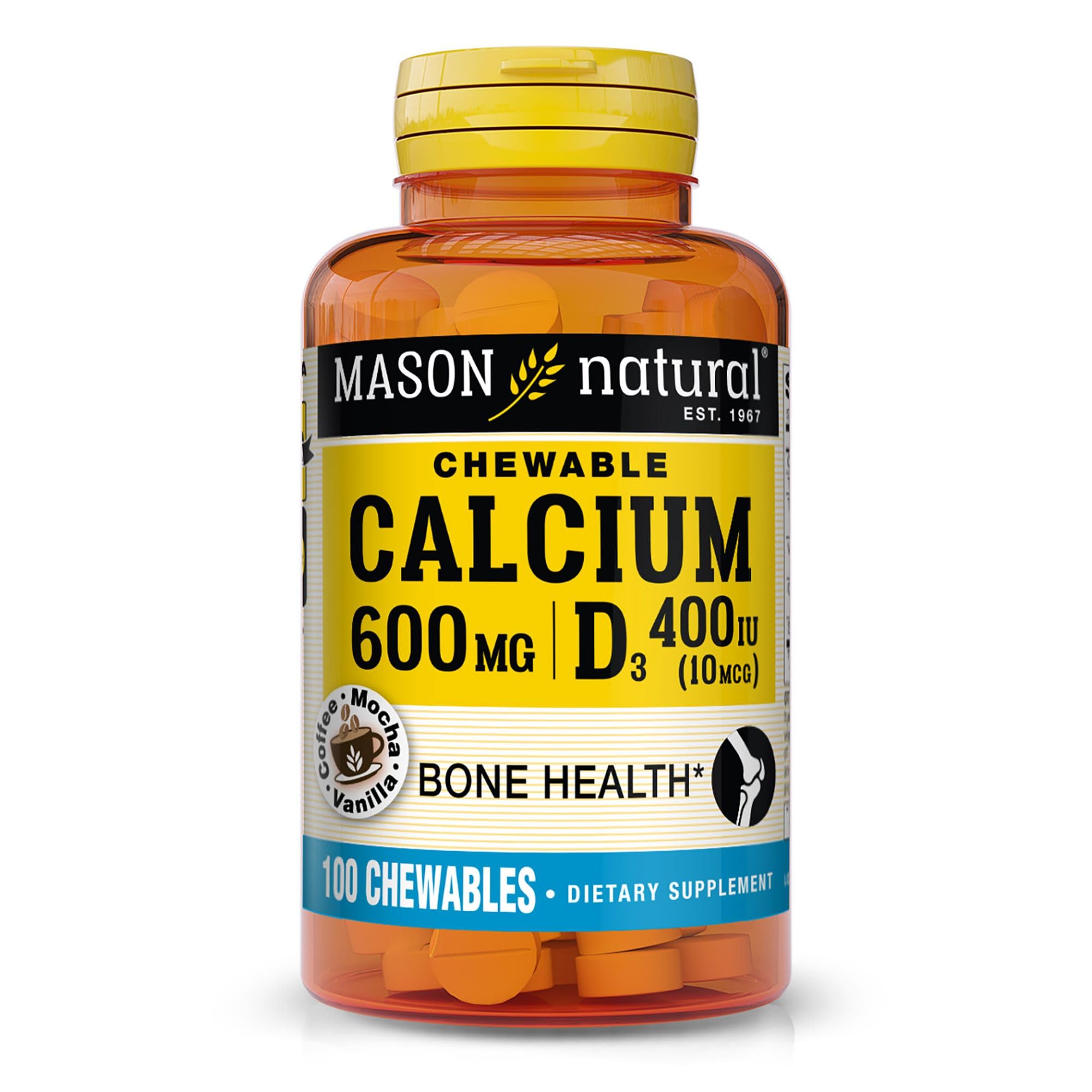 Front packaging of Mason Natural Calcium 600 mg with Vitamin D3 in Coffee Mocha flavor