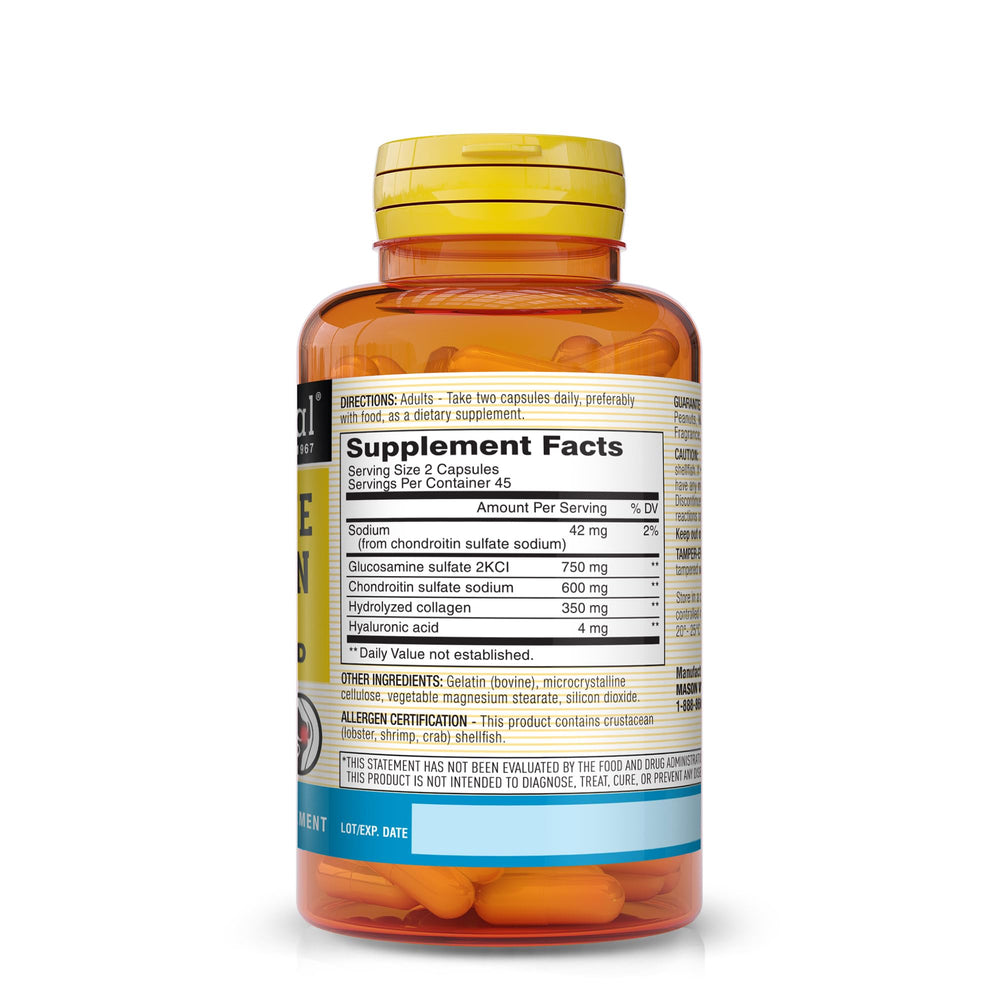 Supplement facts label for Mason Natural Glucosamine Chondroitin with Collagen & Hyaluronic Acid