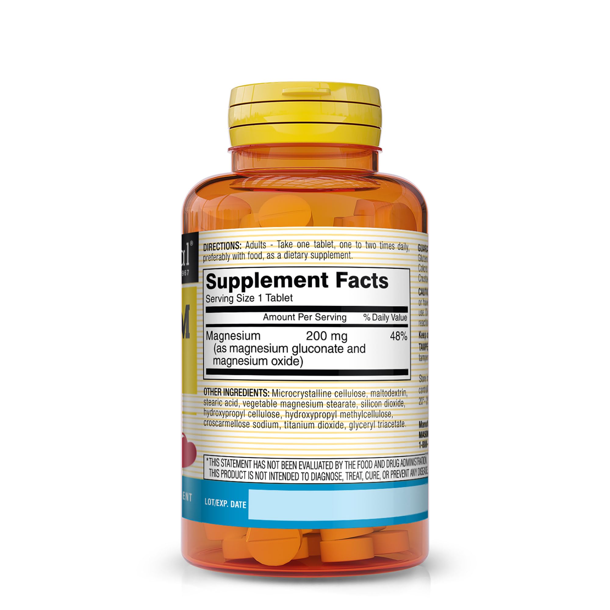 Back label of Mason Natural Magnesium 200 mg bottle