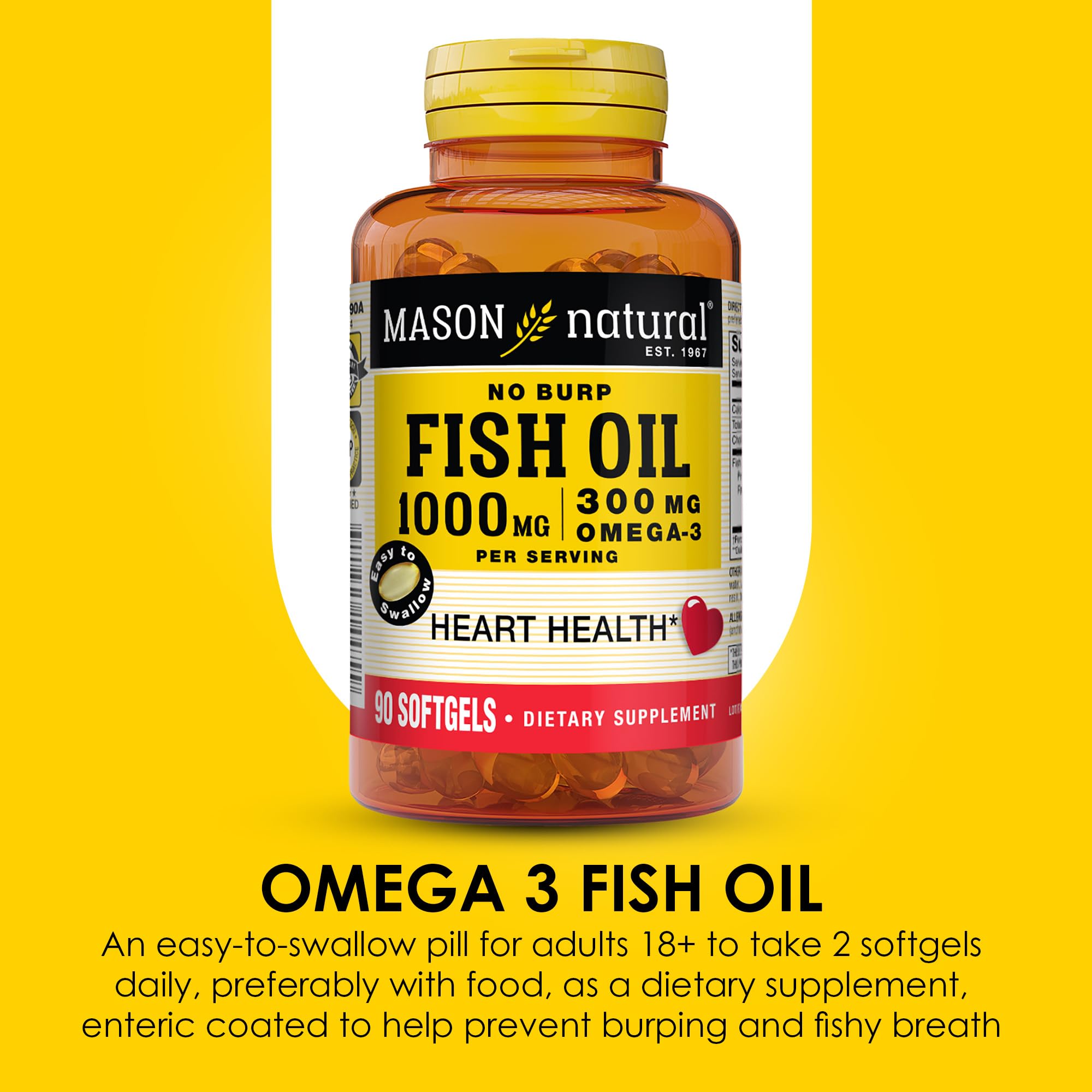 Mason Natural Omega-3 serving-dose graphic with two softgels guidance