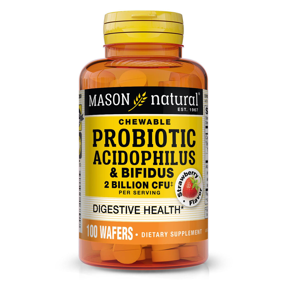 Front view of Mason Natural Probiotic Acidophilus with Bifidus strawberry wafer package