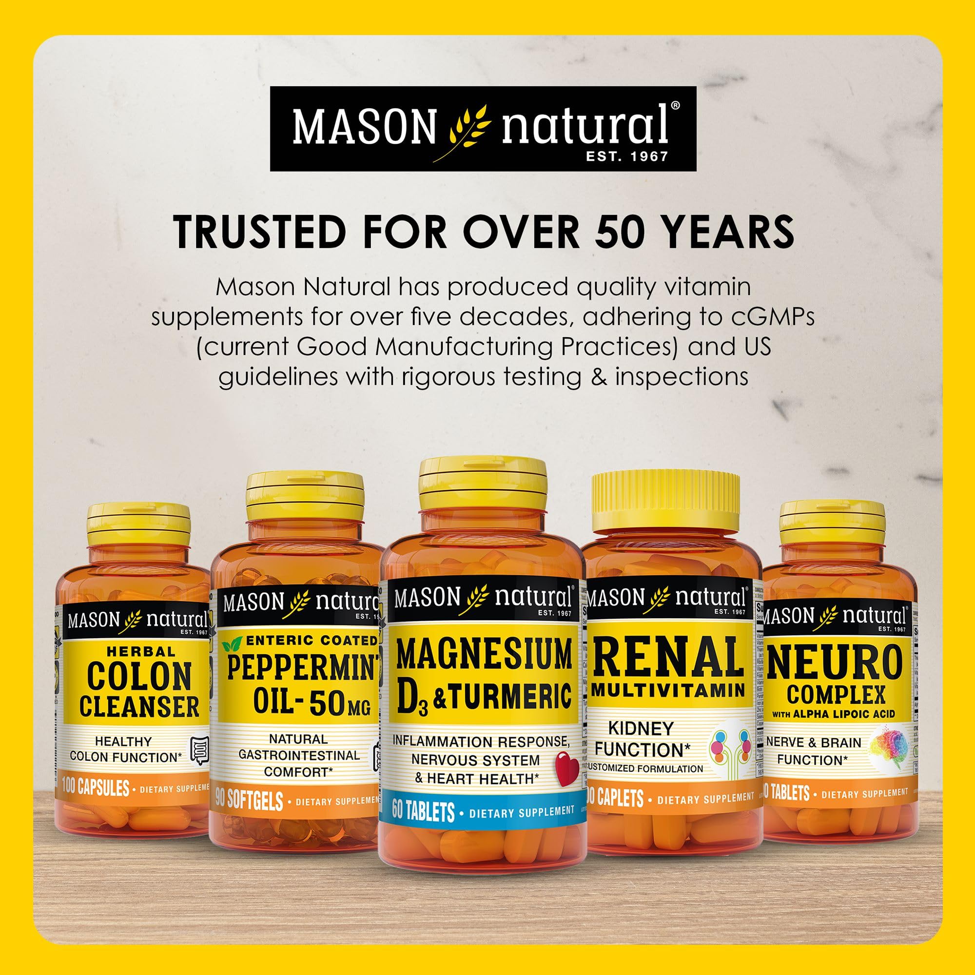 MASON NATURAL bottle next to common object showing scale and 33-day supply clarity