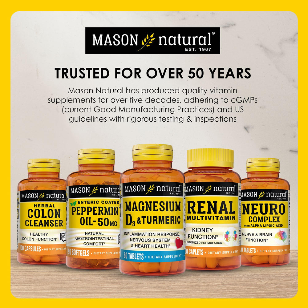 MASON NATURAL bottle next to common object showing scale and 33-day supply clarity