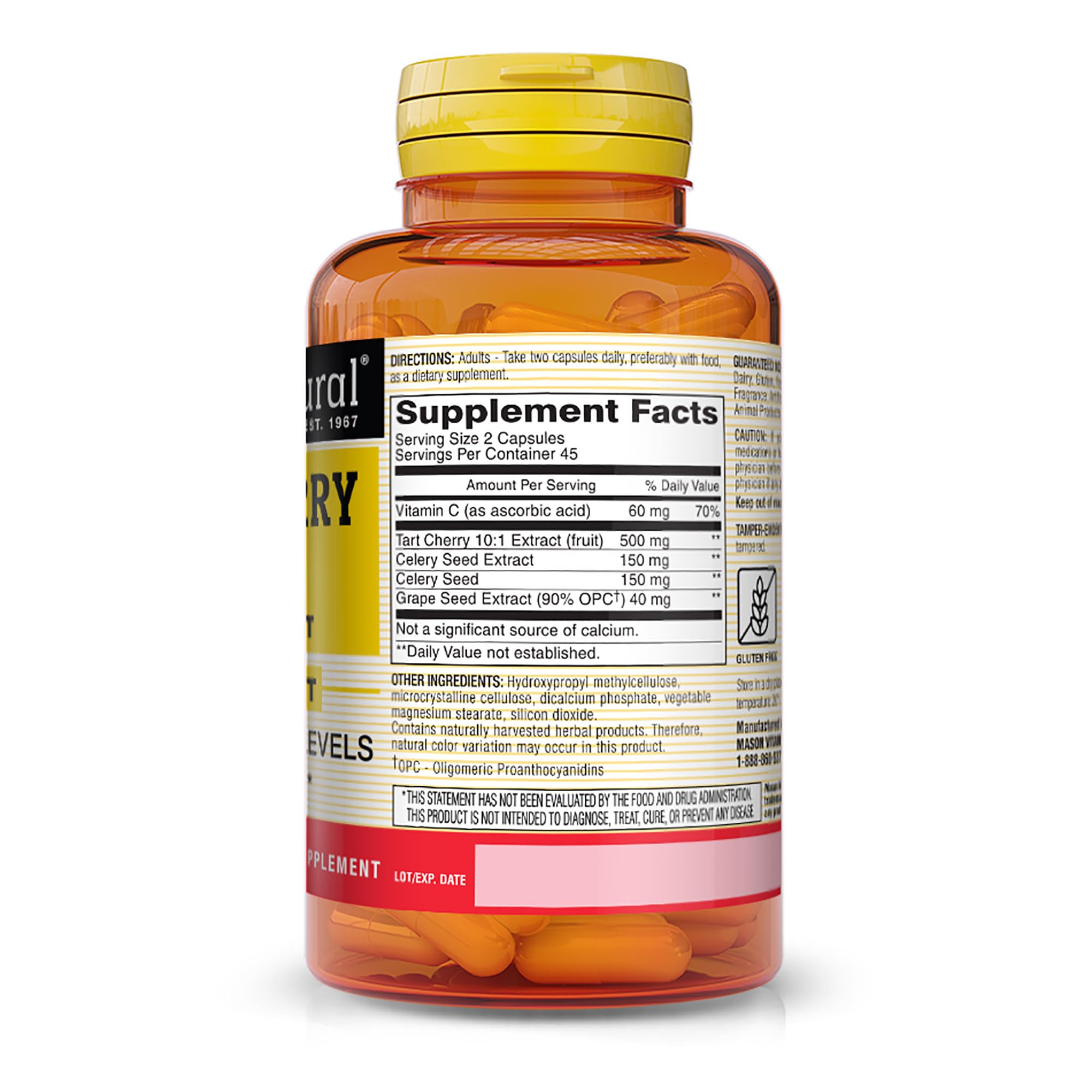 Capsules and bottle with celery seed and grape seed extracts