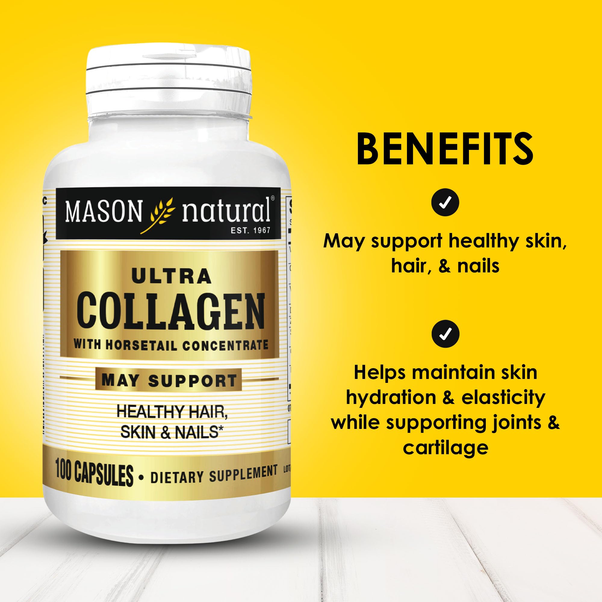 Mason Natural Ultra Collagen capsules close-up suggests skin and joint support