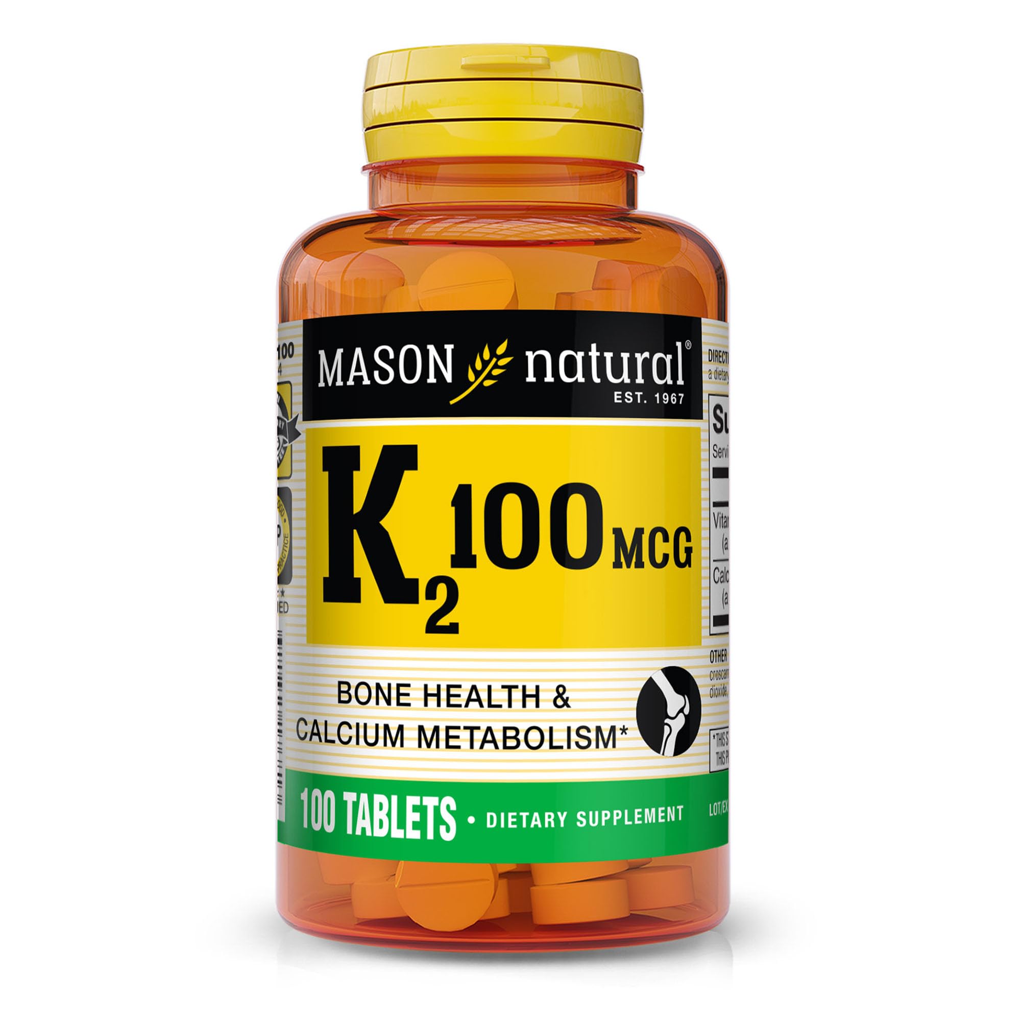 Mason Natural Vitamin K2 100 mcg with Calcium bottle and tablets front view