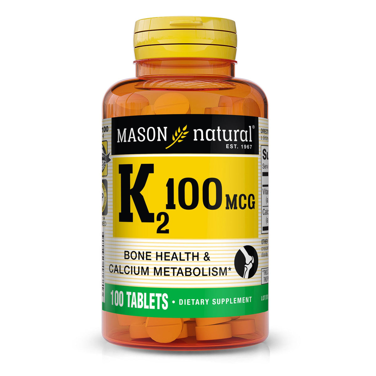 Mason Natural Vitamin K2 100 mcg with Calcium bottle and tablets front view