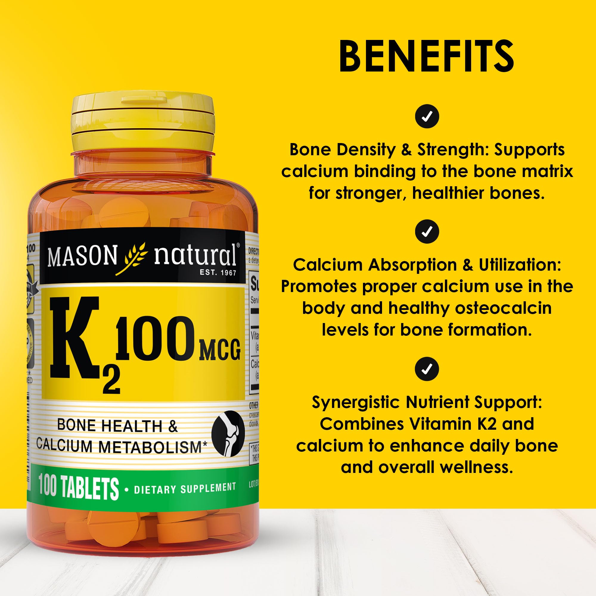 Label of Mason Natural Vitamin K2 100 mcg with Calcium bottle