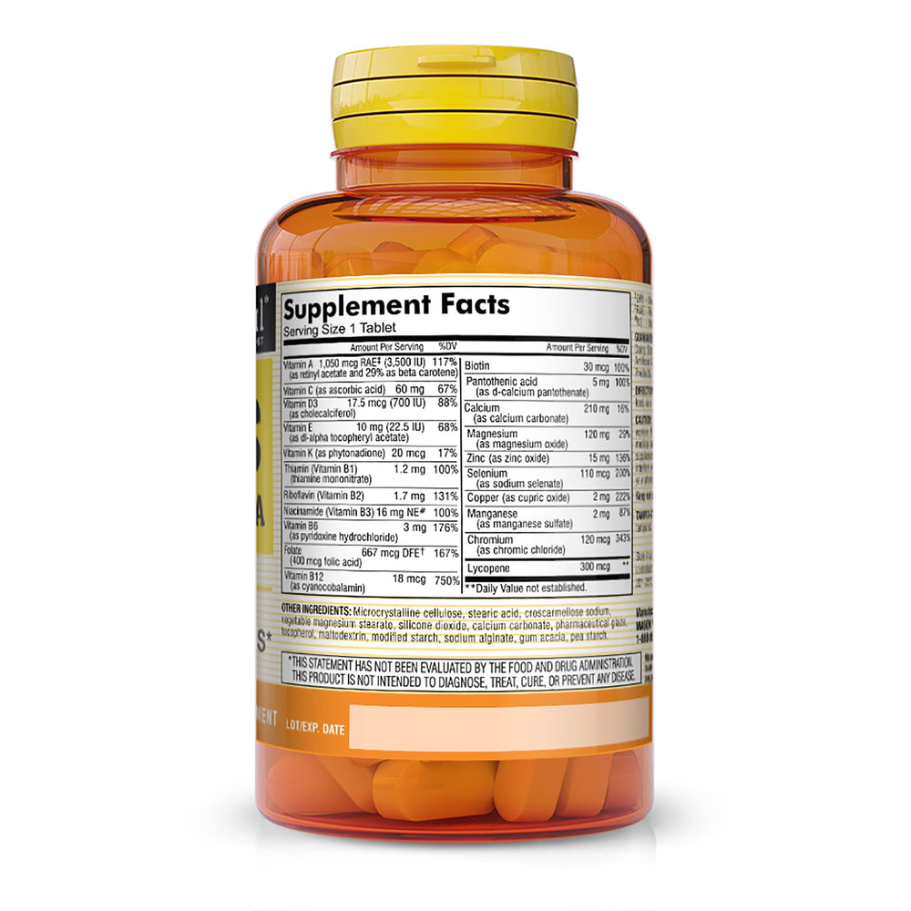 Label showing nutrients and vitamins on Mason Natural bottle