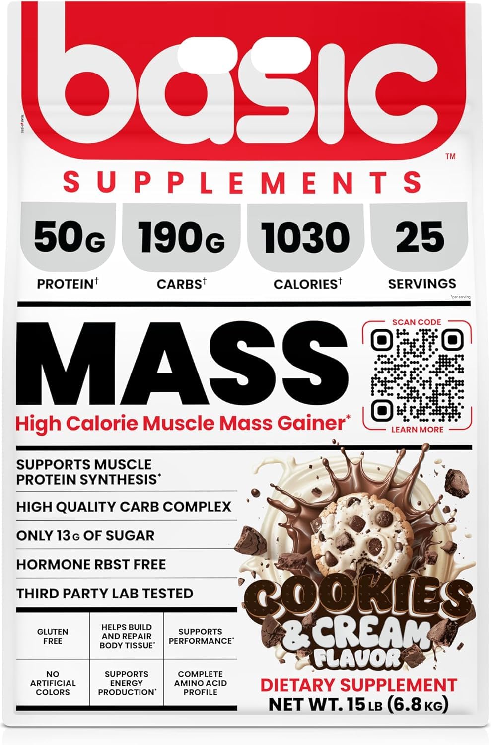 Nutrition facts panel for BASIC SUPPLEMENTS Mass Gainer Cookies and Cream