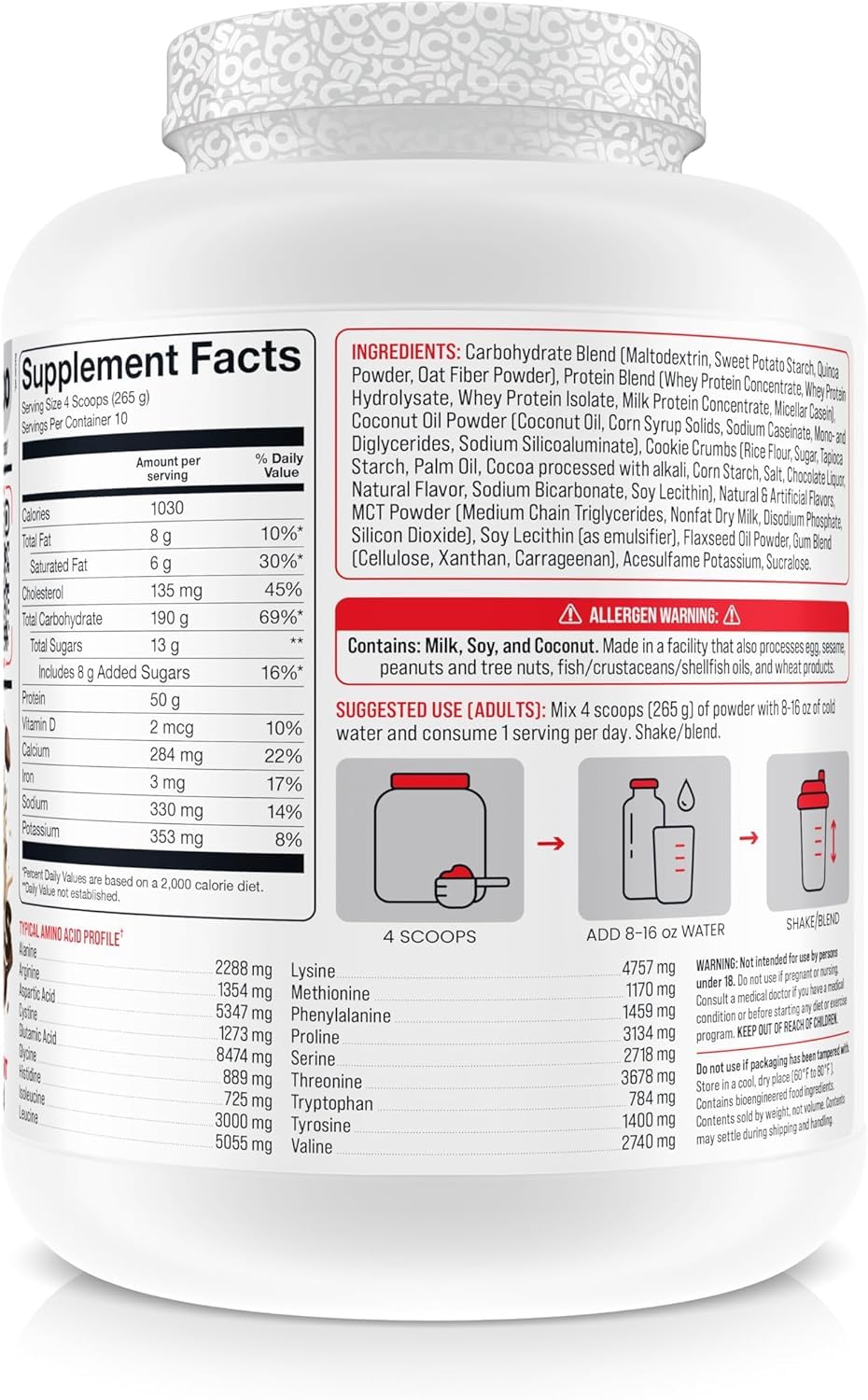 Nutrition facts panel for BASIC SUPPLEMENTS Mass Gainer