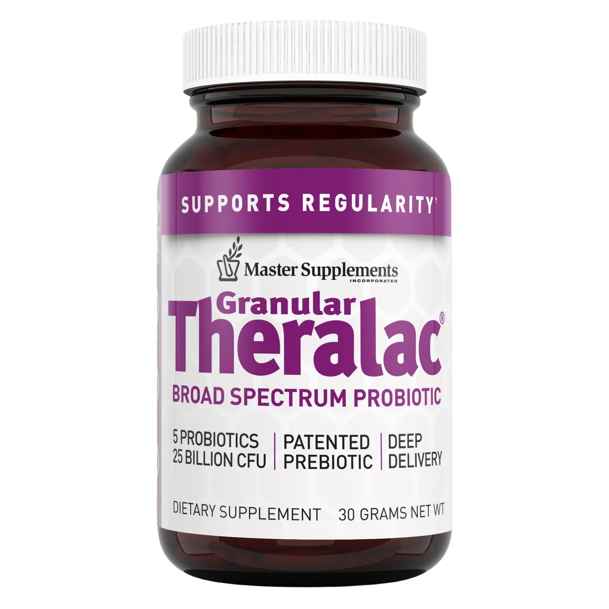 Front view of Master Supplements Granular Theralac 1.05 oz bottle