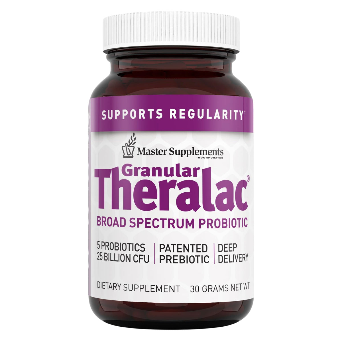 Front view of Master Supplements Granular Theralac 1.05 oz bottle