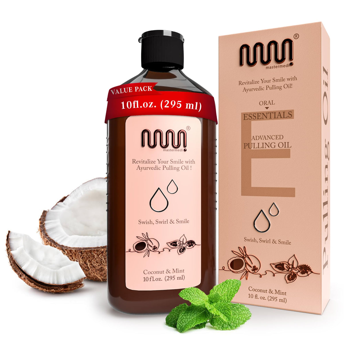 MasterMedi Coconut & Peppermint Oil Pulling Mouthwash bottle, 10 fl oz
