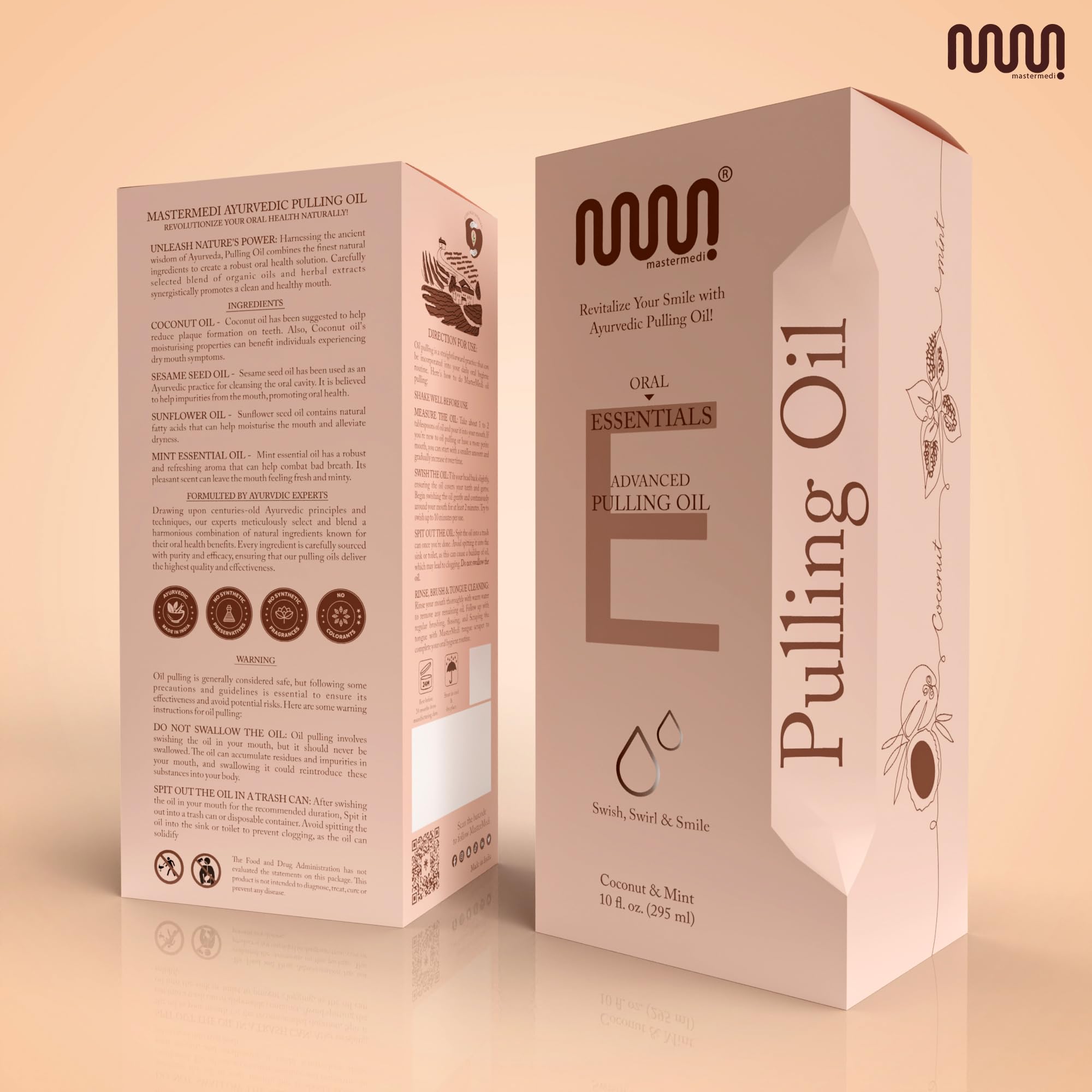 10 oz bottle packaging of MasterMedi Coconut & Peppermint Oil Pulling Mouthwash
