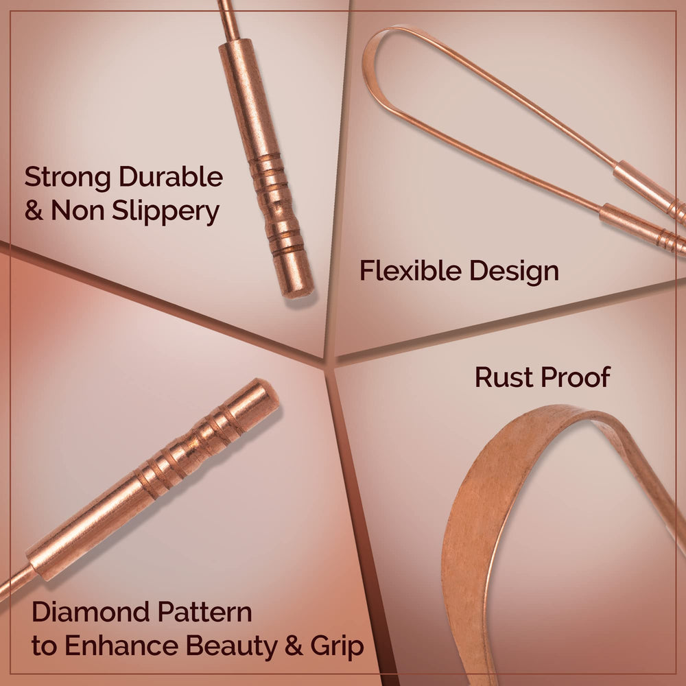 Close-up of the ergonomic U-shaped copper tongue scraper design