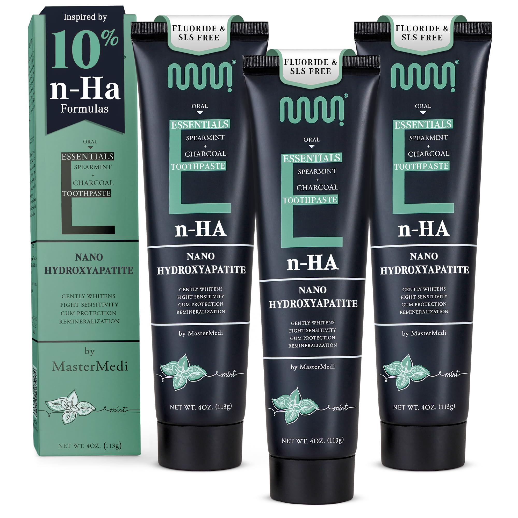 MasterMedi Nano Hydroxyapatite charcoal toothpaste tube front view